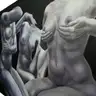 Painting with three surrealist nudes against a dark background