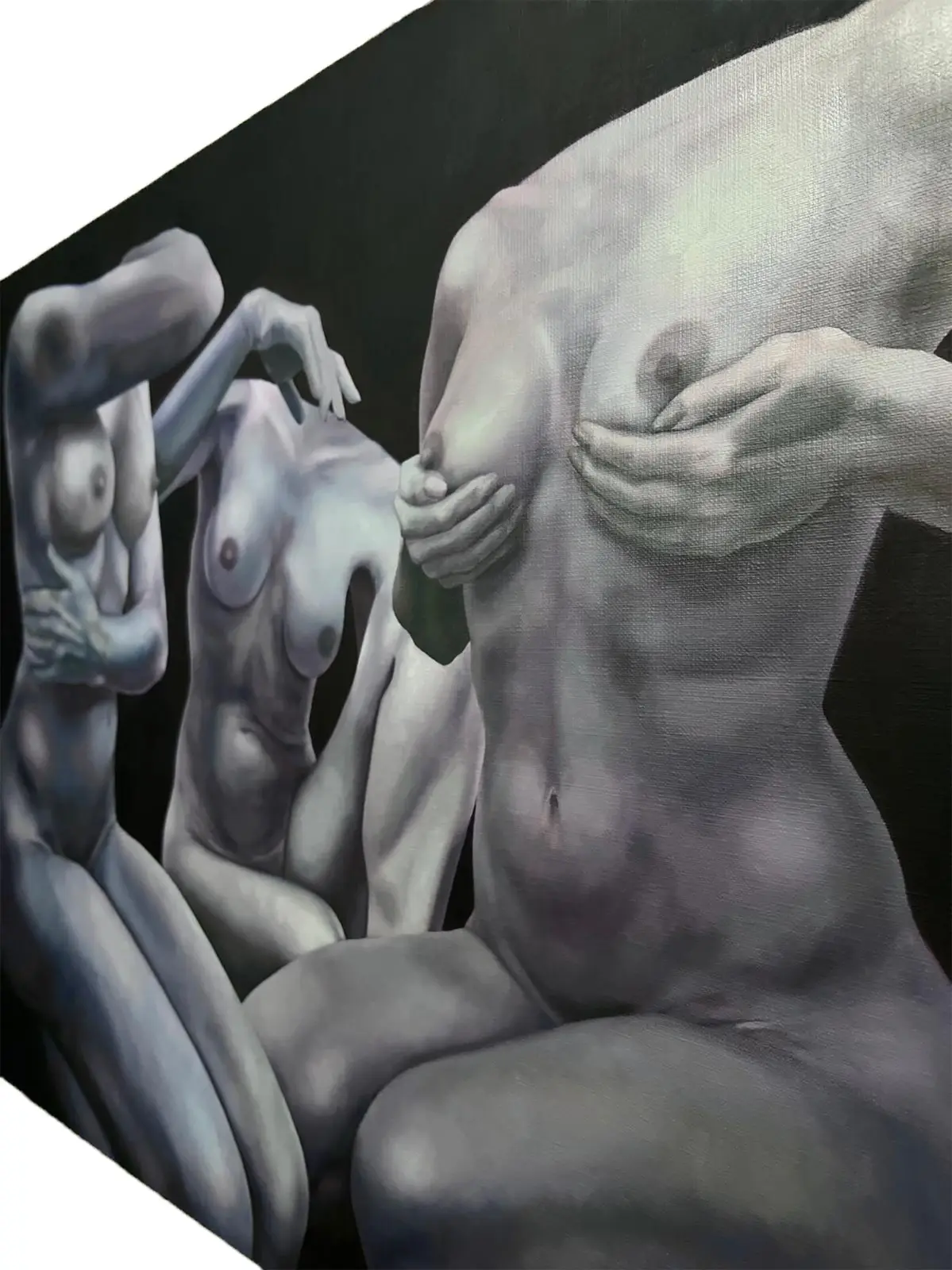 Painting with three surrealist nudes against a dark background