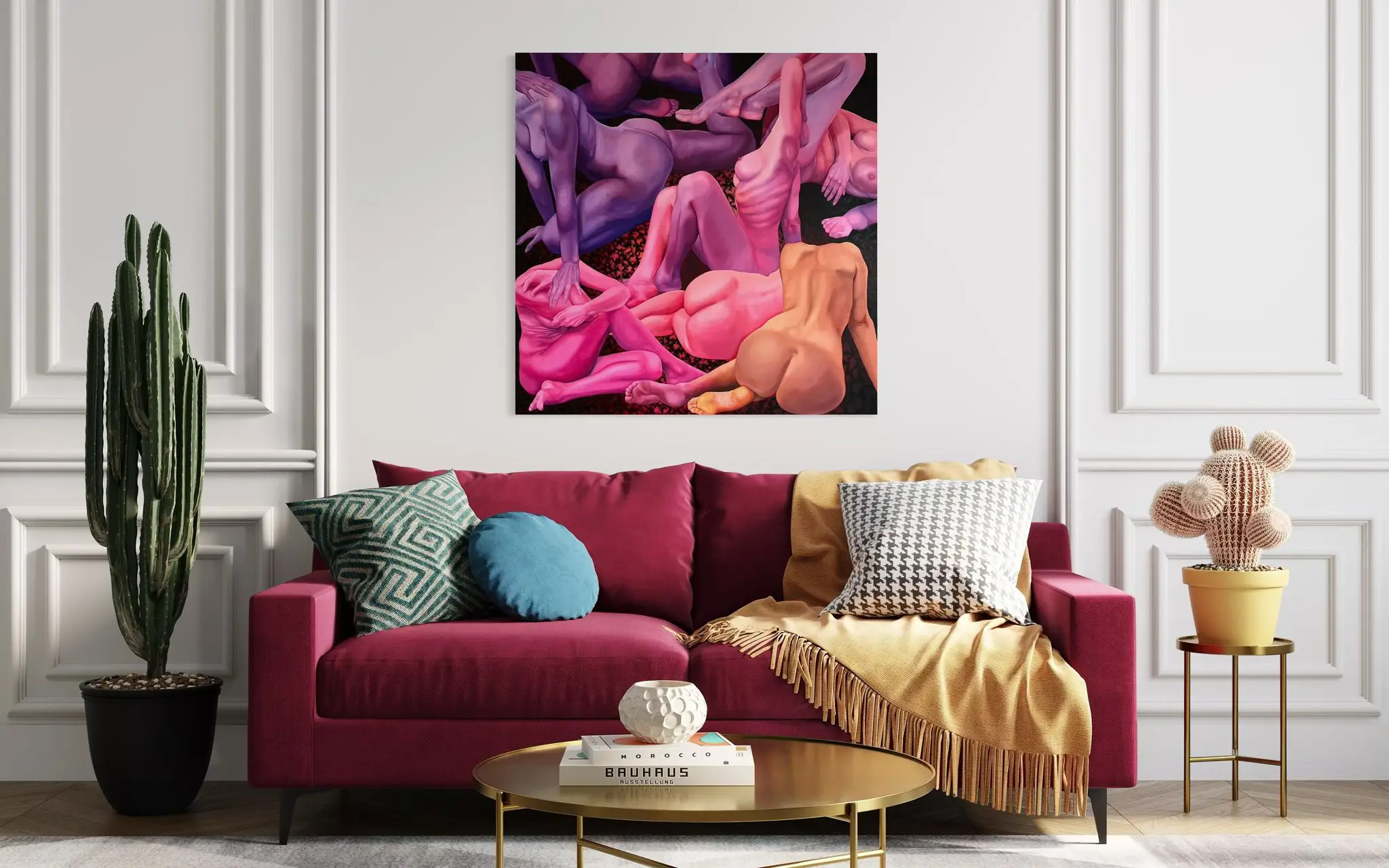 Visualization of the painting in a youthful living room, with a cactus in a pot visible nearby.
