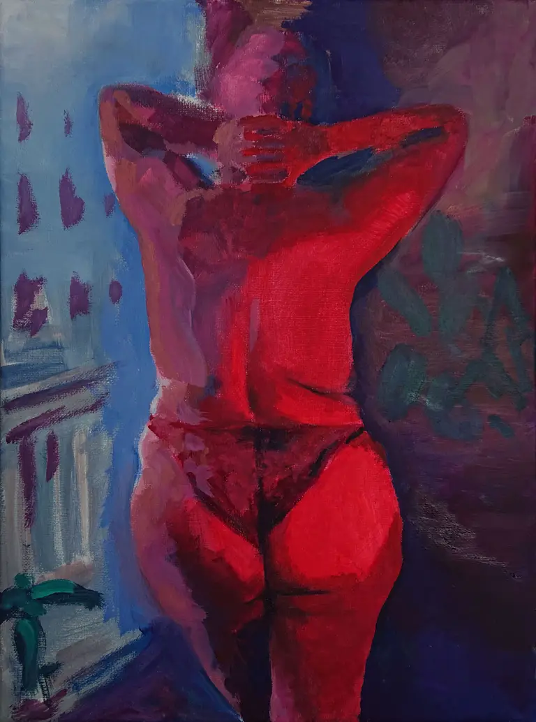 Jagoda Laprus. Obraz olejny 40x30cm. Dzieło przedstawia kobiete w koronkowych majtkach stojącą w czerwonymświetle na tle bloków