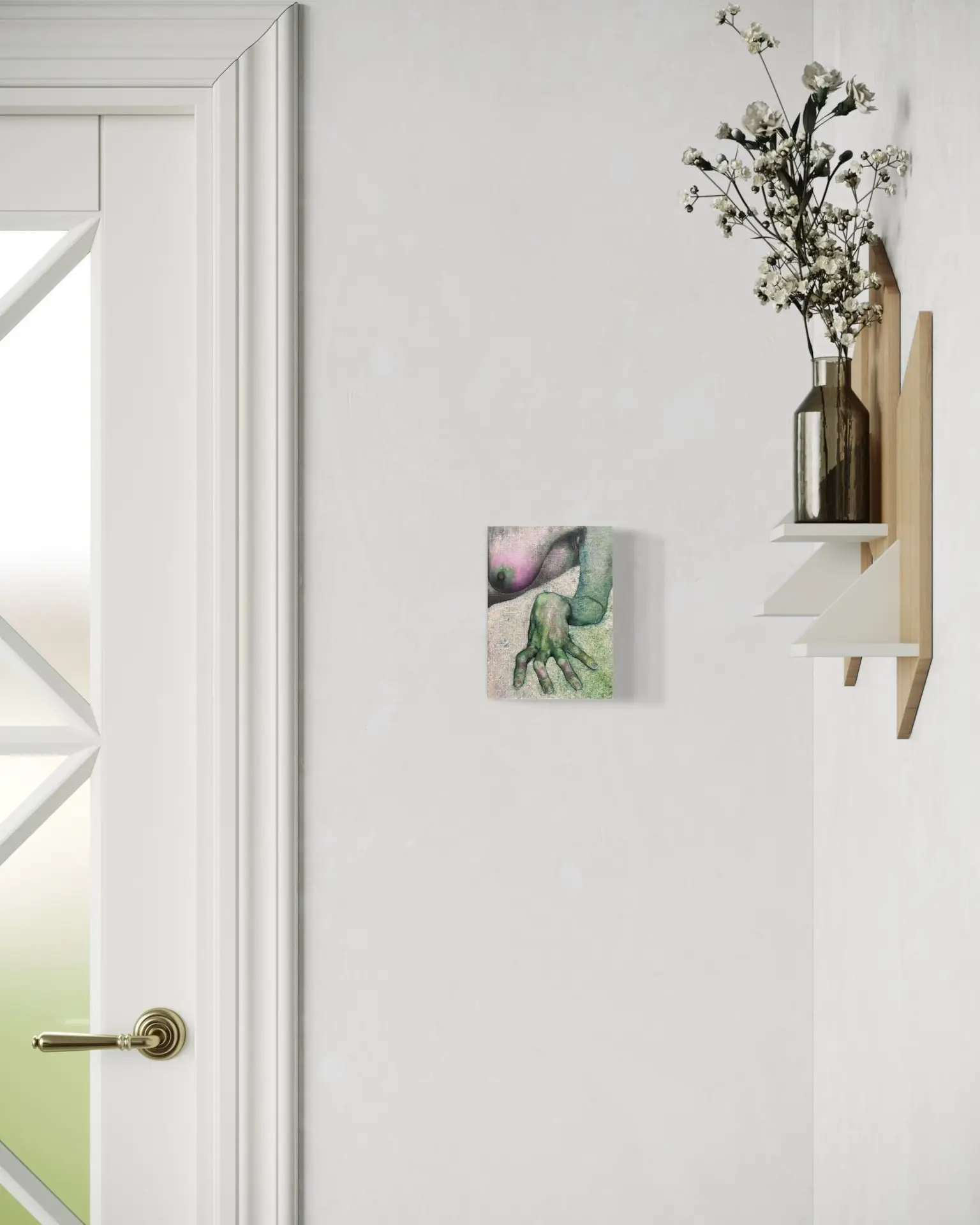 Visualization of a modern surrealist painting depicting a female body and a green hand, hung on a white wall next to a door and a shelf with a vase, minimalist interior decoration