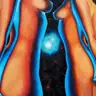 Oil painting of two figures in blue light against a cosmic background in a surreal style