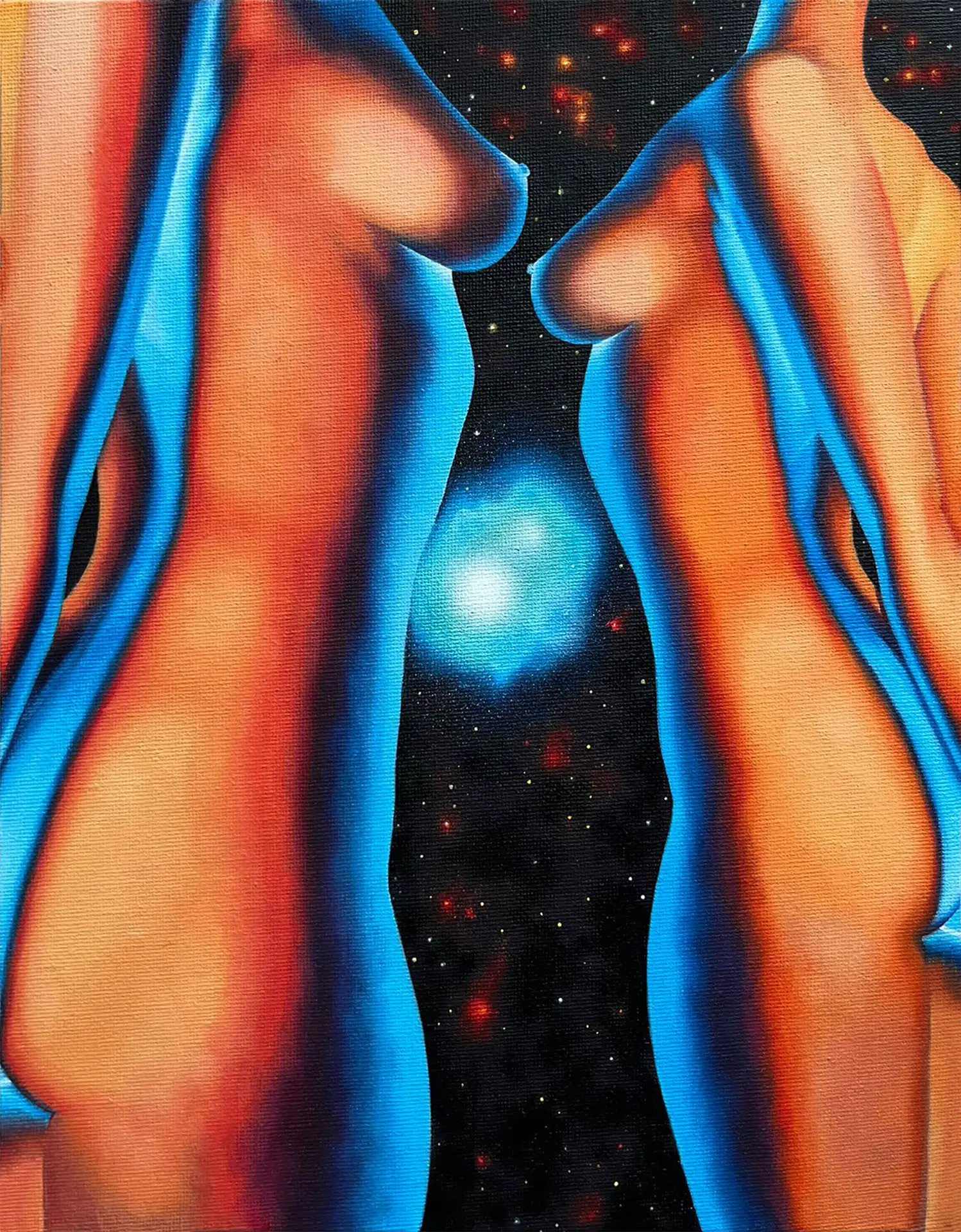 Oil painting of two figures in blue light against a cosmic background in a surreal style