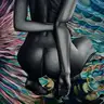 Jagoda Laprus. Oil painting 24x24cm. Crouching nude female figure from behind painted in black and white on an intricate abstract wave background with pink and purple tones on the left and green, blue, and brown on the right