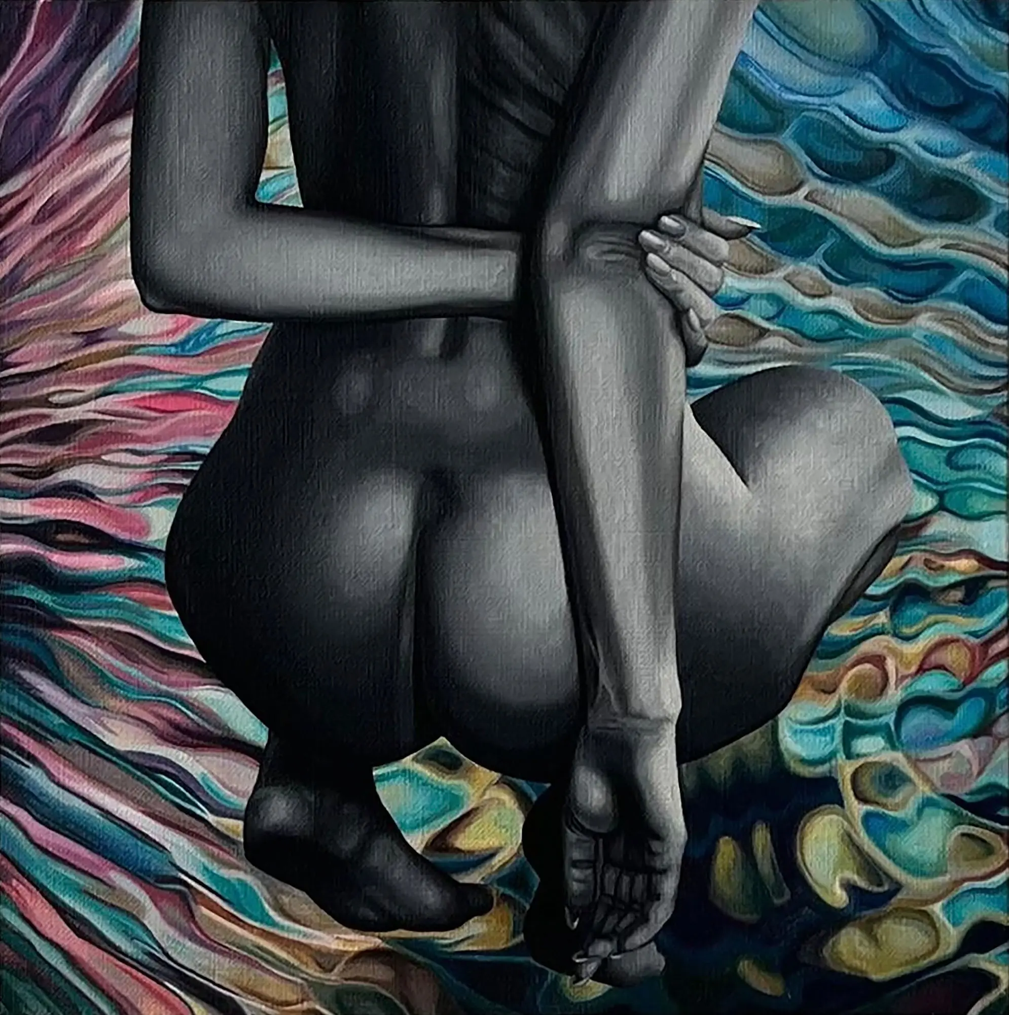 Jagoda Laprus. Oil painting 24x24cm. Crouching nude female figure from behind painted in black and white on an intricate abstract wave background with pink and purple tones on the left and green, blue, and brown on the right