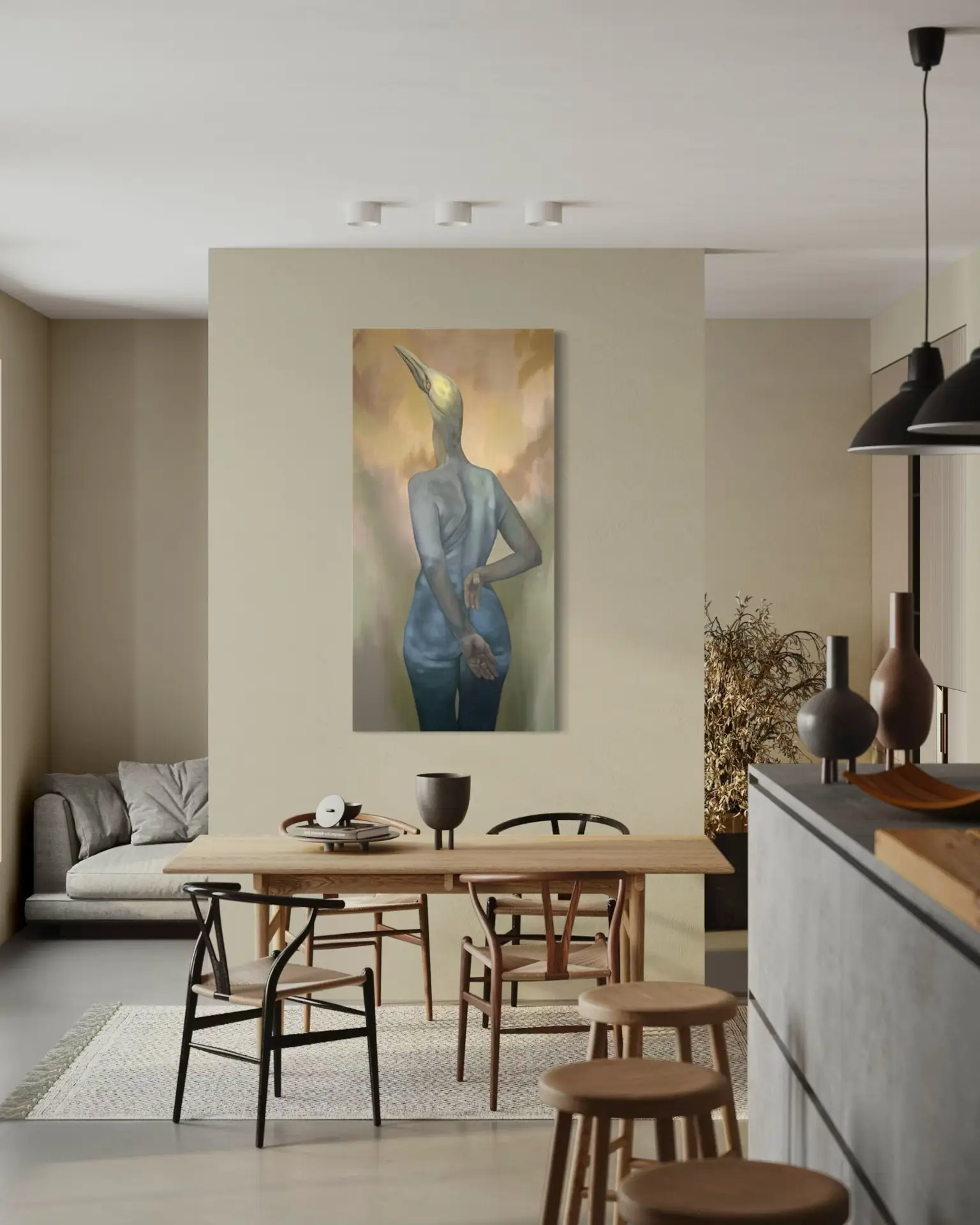 Surrealist painting with a bird figure in a modern dining room