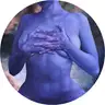 Round art print with abstract female form in indigo and purple tones