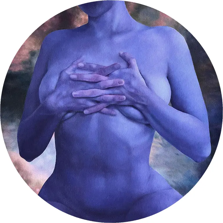 Round art print with abstract female form in indigo and purple tones