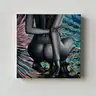 Painting of a female nude in shades of black against a colorful water background, hanging on a white wall