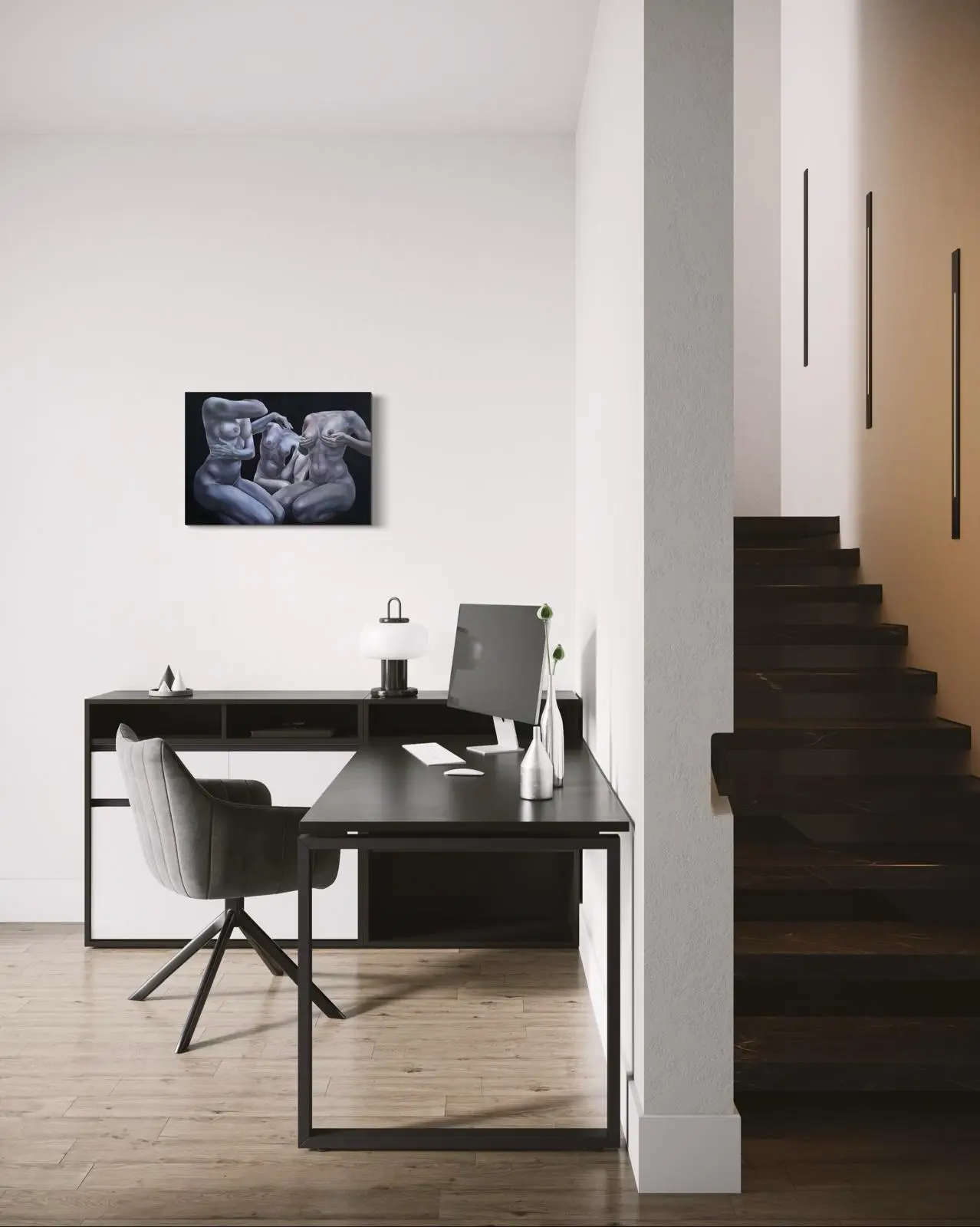 Industrial living room with painting of headless female nudes on a concrete wall