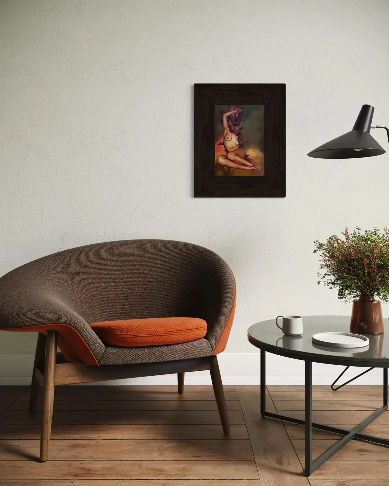 Surrealist painting with a female figure and purple leaves in a dark frame on a living room wall, next to a designer armchair and coffee table