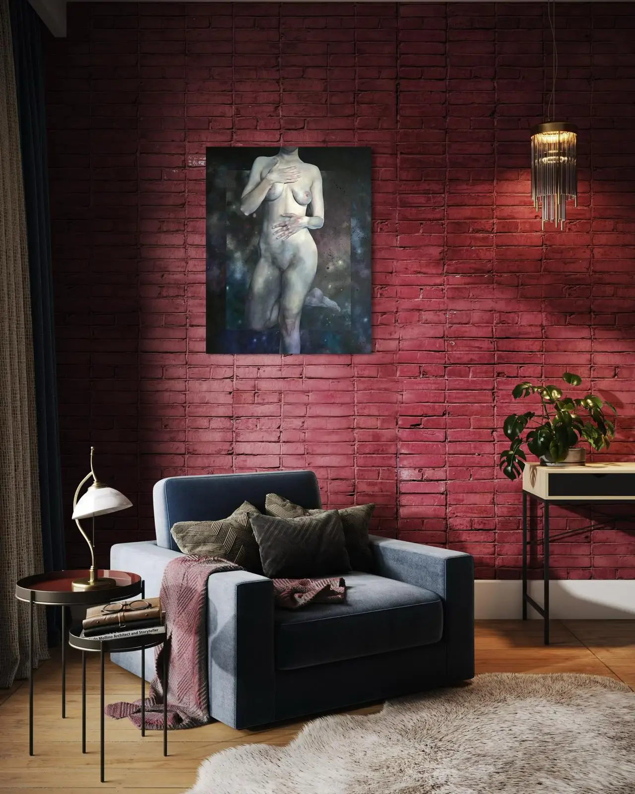 Modern female nude canvas painting displayed on a red brick wall in a stylish living room with a designer armchair