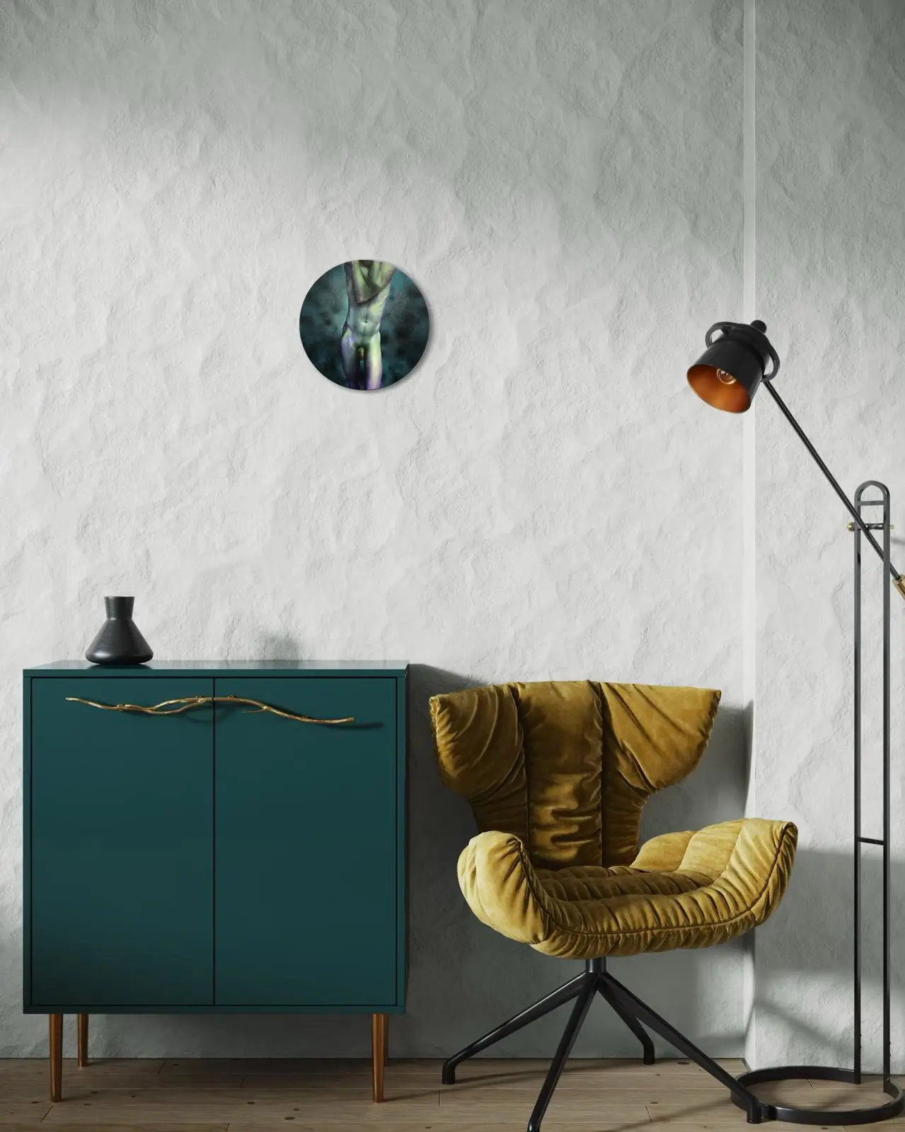 A modern interior with a green cabinet and a mustard-colored armchair, with a round painting of an abstract male nude figure hanging on the wall