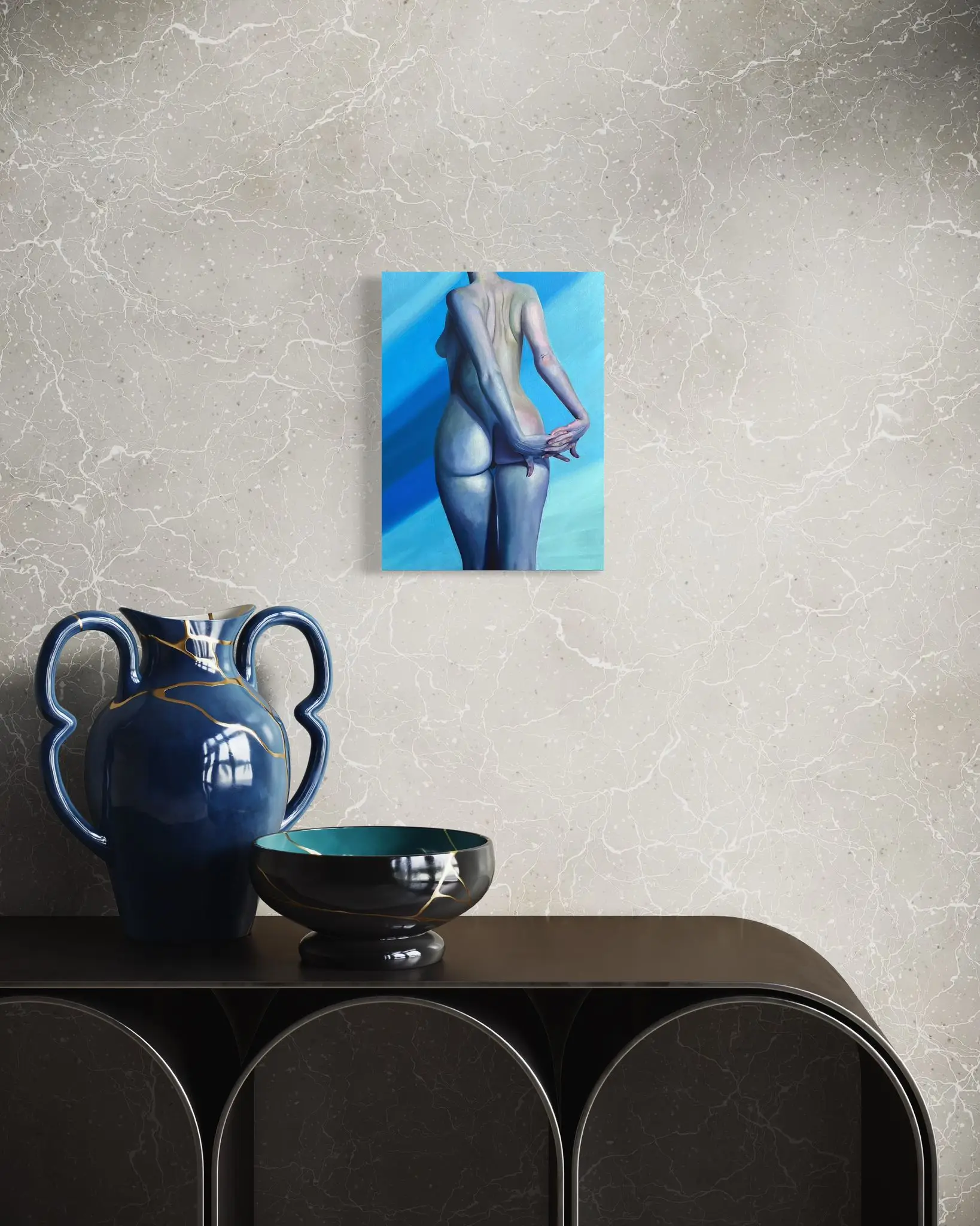 Oil painting on board depicting a female figure standing with hands clasped behind her back on a blue background.