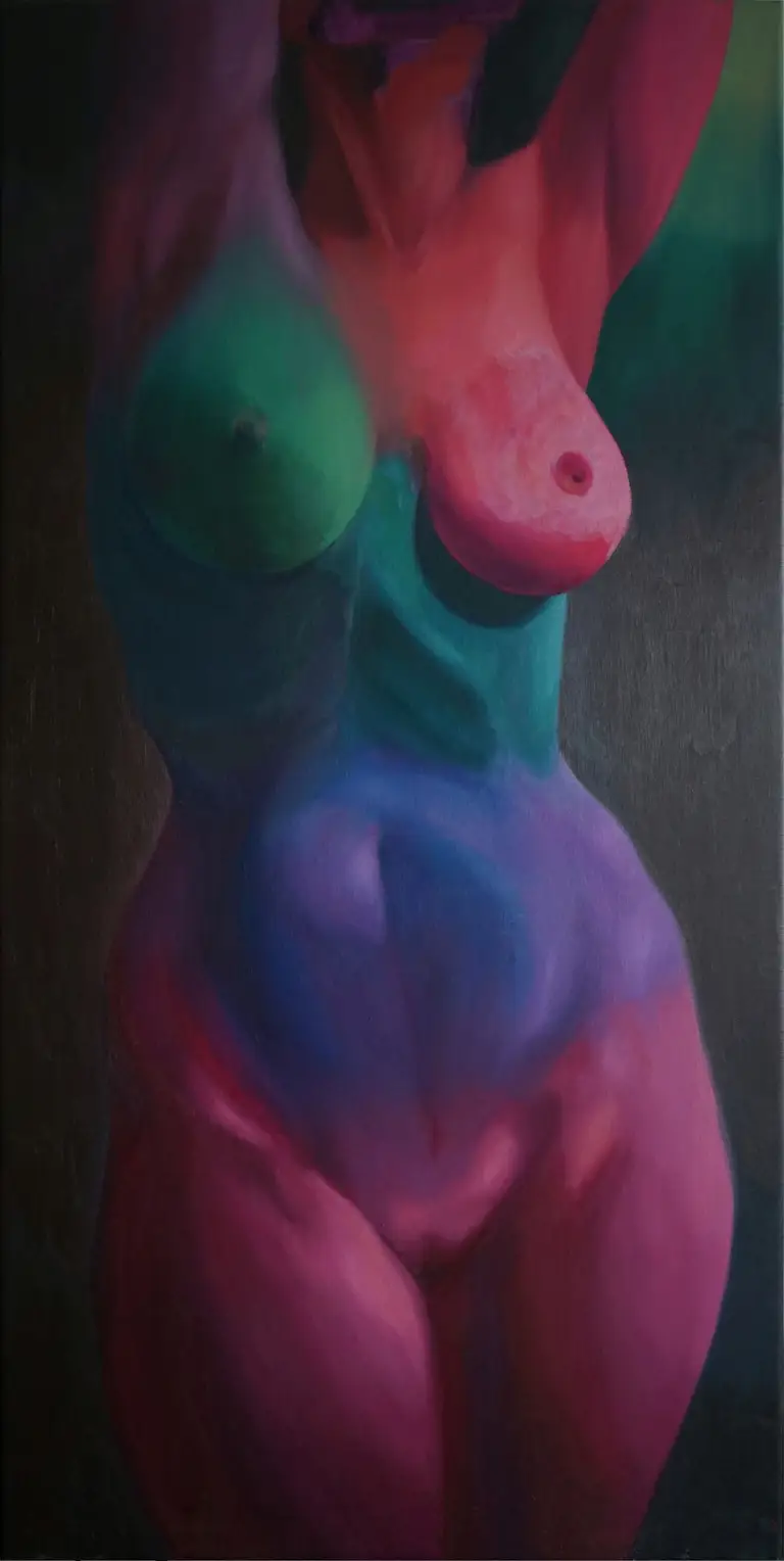 Jagoda Laprus. Obraz 120x60cm. Realistyczny barwny kobiecy akt olejny ukazujący ciało od szyi do kolan autorstwa młodej artystki Jagody Laprus