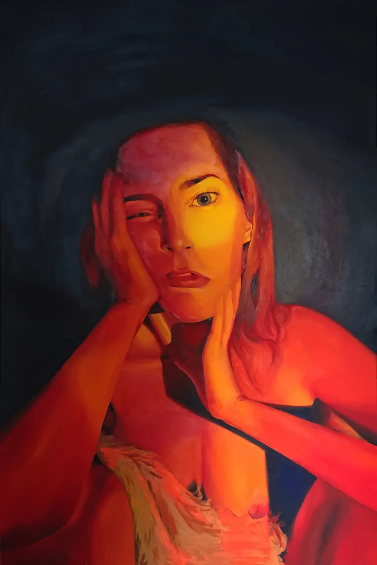 Jagoda Laprus. Oil painting 150x100cm. Large saturated orange oil portrait of a young woman holding her own face in her hands, with a red lightning bolt in her eye – women's strike
