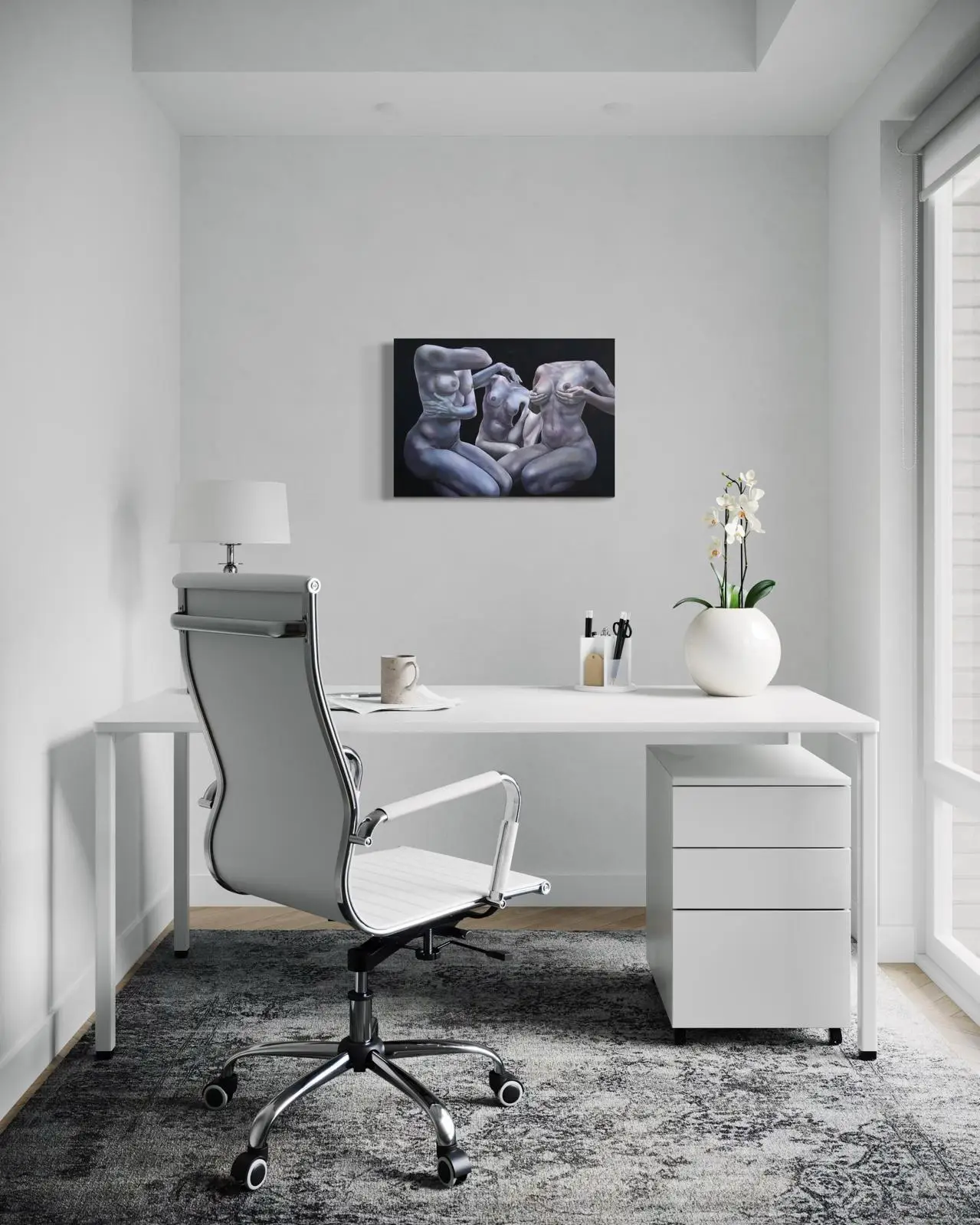 Surreal nude painting in a bedroom above the bed