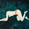 Jagoda Laprus. Oil painting 18x24cm. Kneeling woman in underwear on a green-blue abstract background