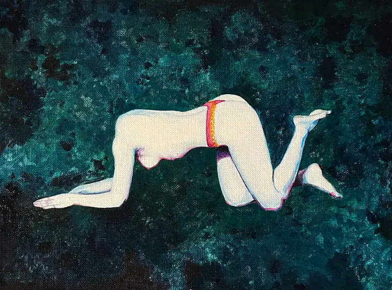 Jagoda Laprus. Obraz olejny 18x24cm. Klęcząca kobieta w bieliźnie na zielono niebieskim abstrakcyjnym tle
