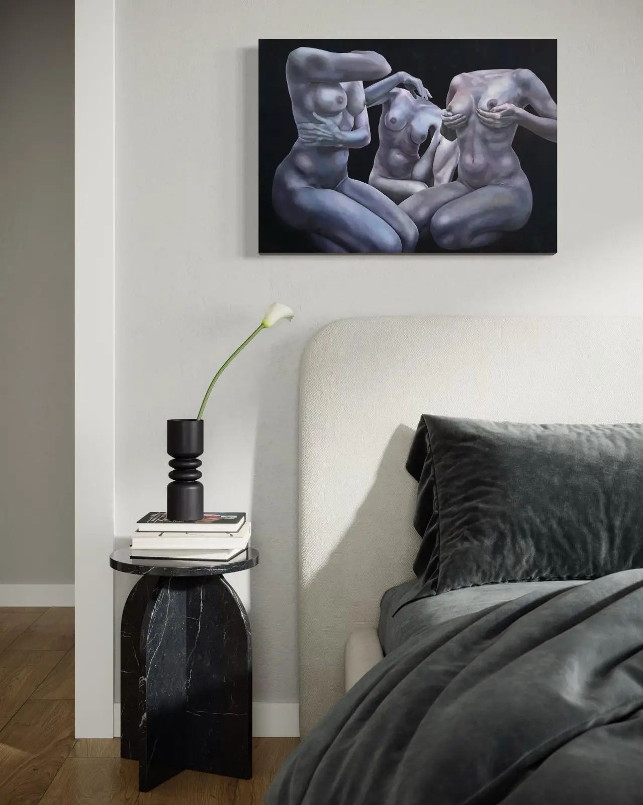 Minimalist home office with surreal painting on the wall