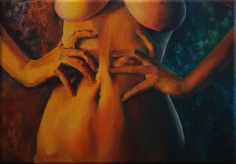 Jagoda Laprus. Obraz olejny 21x30cm. Nastrojowy obraz olejny w ciepłych barwach ukazujący kobiecy brzuch i fragment piersi