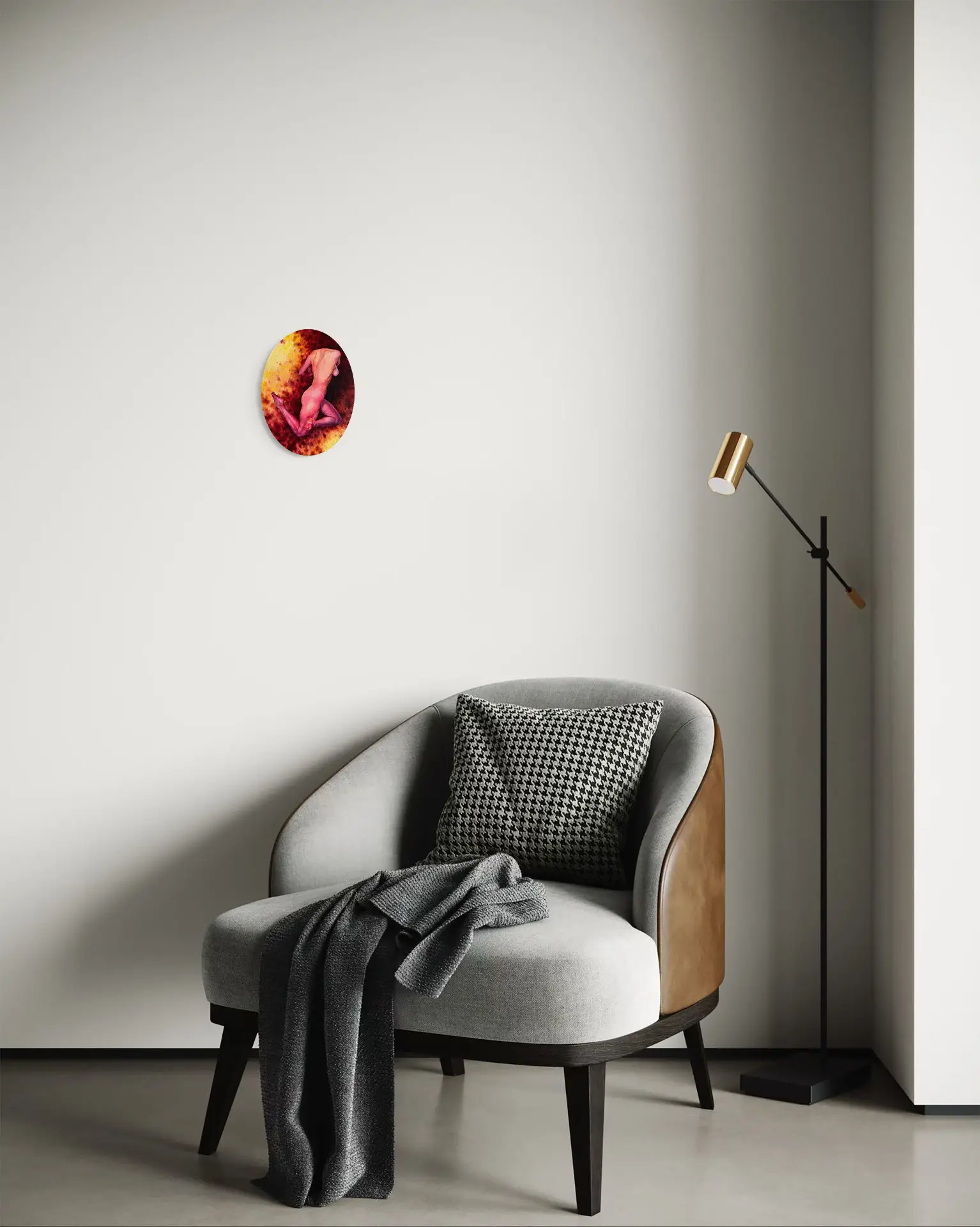 Oval painting of a female nude in red and orange tones on a bright wall