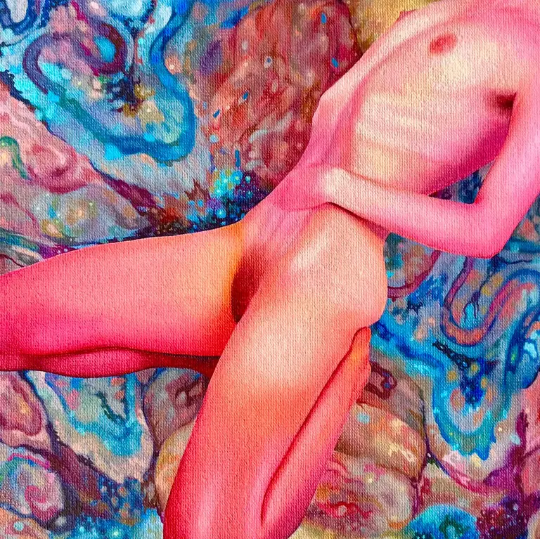 Colorful contemporary painting on canvas depicting a nude body in shades of pink and orange against an abstract background in blue and brown tones, modern art