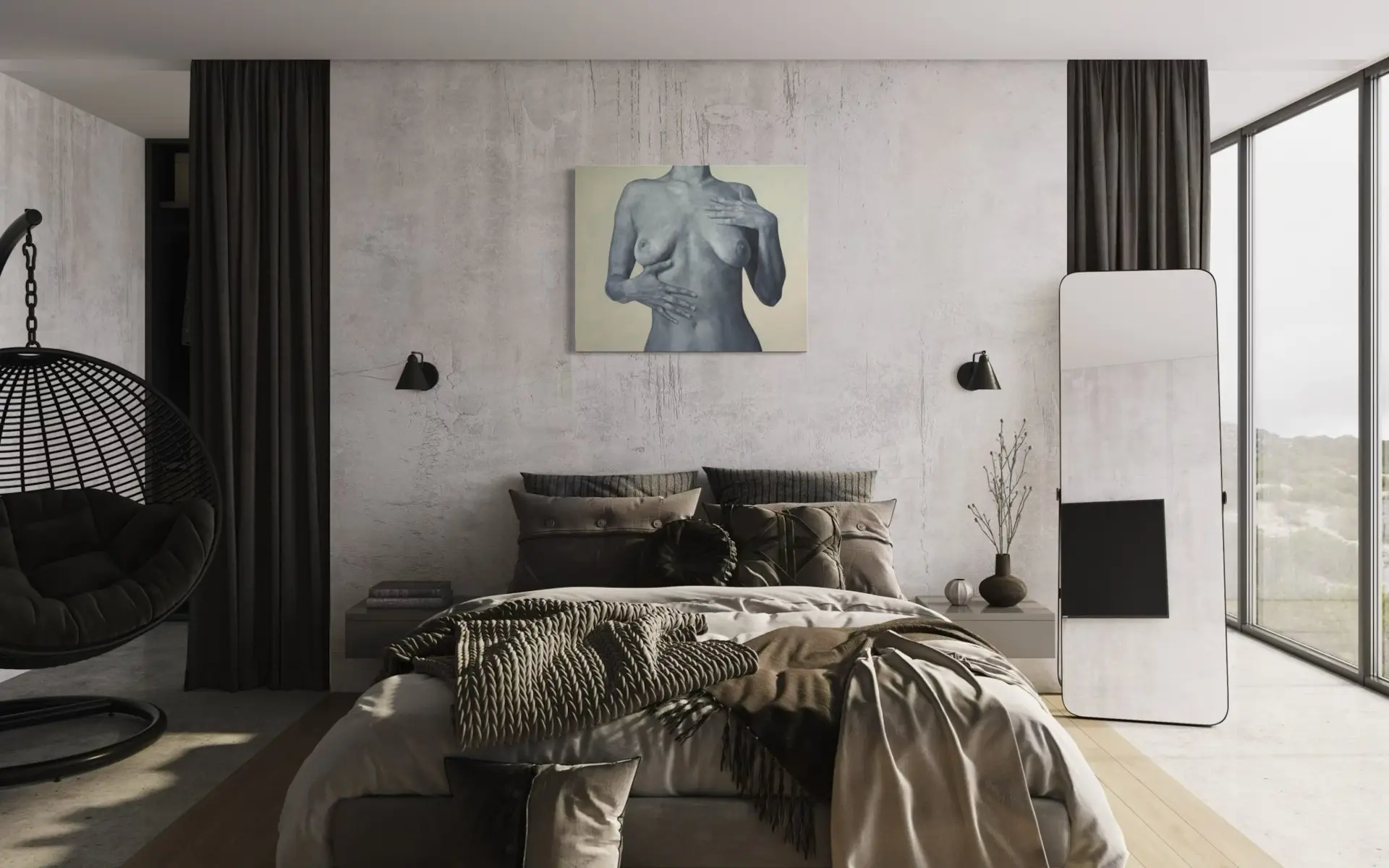 Oil painting with a female nude above the bed in a modern bedroom