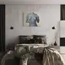 Oil painting with a female nude above the bed in a modern bedroom