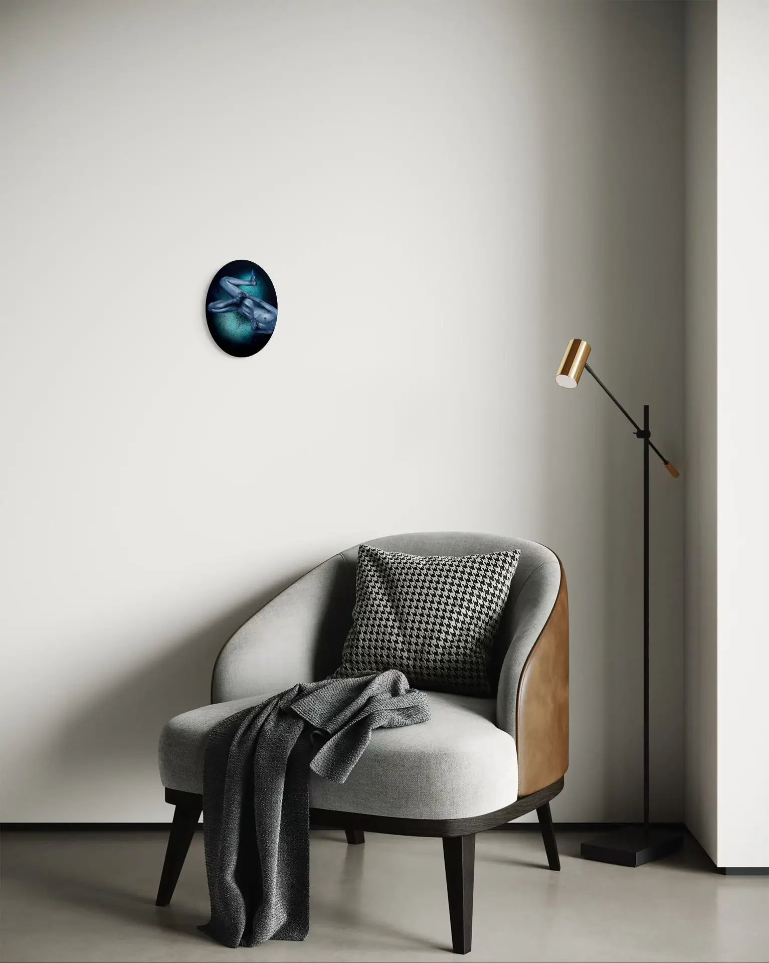 Modern interior with a turquoise wall and a yellow console, decorated with an oval oil painting in cool tones, depicting a female nude against a dark geometric background, by Jagoda Laprus