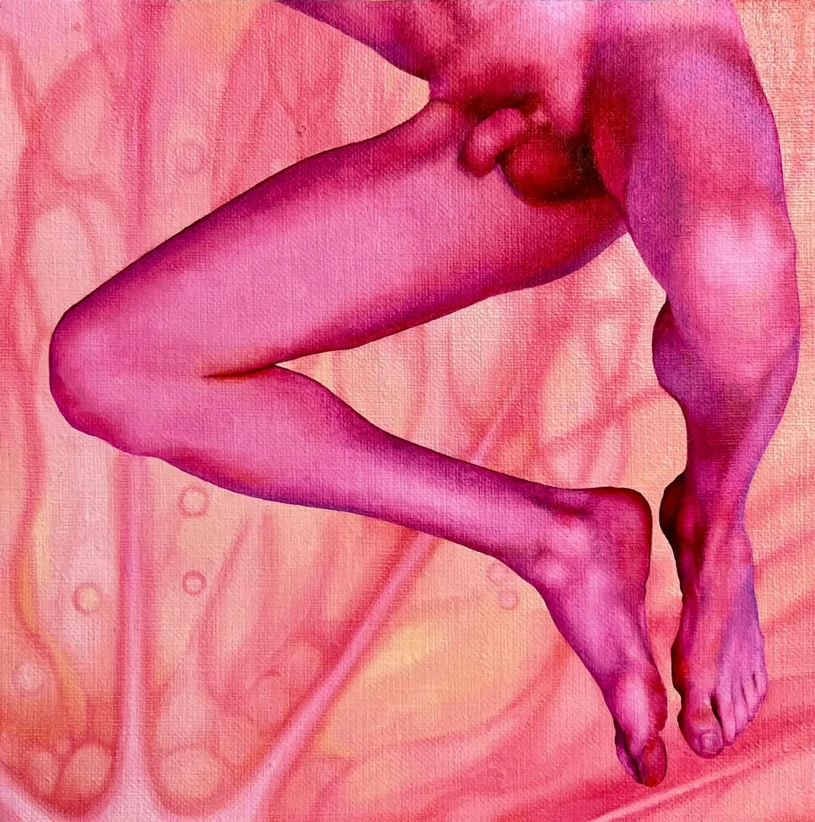 An oil painting depicting a male nude in warm, saturated colors in shades of orange and pink