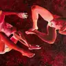 Jagoda Laprus. Oil painting 18x24cm. Monochromatic double male nude in red negative on a starry abstract background
