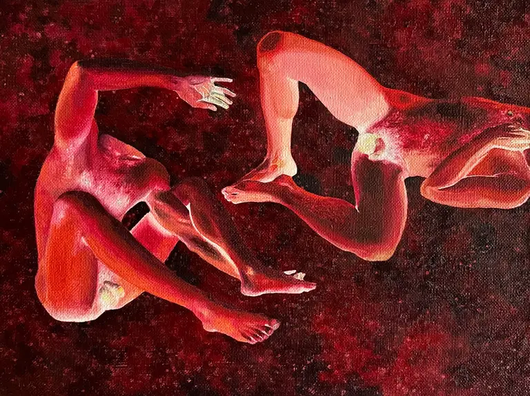 Jagoda Laprus. Obraz olejny 18x24cm. Monochromatyczny podwójny akt męski w czerwonym negatywie na abstrakcyjnym rozgwieżdżonym tle 