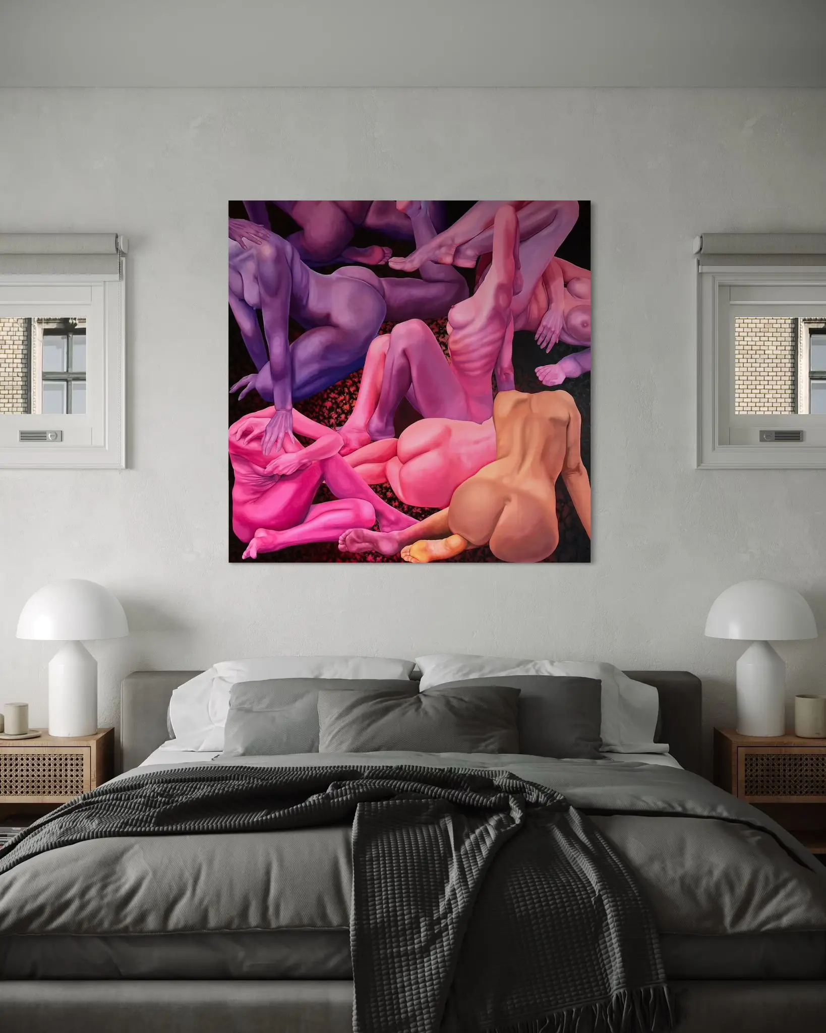 Visualization of the painting in a bedroom, above the bed, with two bedside lamps below.