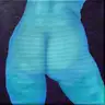 Jagoda Laprus. Oil painting 20x20cm. Blue female buttocks on a dark purple background