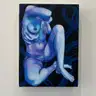 Painting with a blue female nude in a dynamic pose on a dark background with blue and purple accents